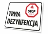 Disinfection sign - Graphic design. Rectangular shape with a white background and a red hexagon featuring the word STOP.