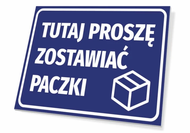 Sign: Please leave packages here - Graphic design. Blue background with white text and a package icon.