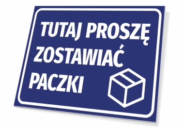 Sign: Please leave packages here - Graphic design. Blue background with white text and a package icon.