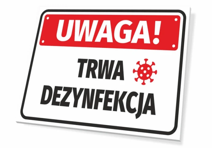 Caution: Disinfection in Progress - Rectangular sign with a red background and white text.