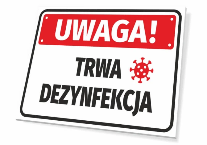 Caution: Disinfection in Progress - Rectangular sign with a red background and white text.