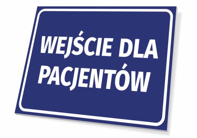 Entrance sign for patients T418 - Rectangular sign with blue background and white text.