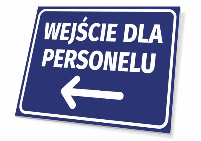 Staff Entrance Sign T423 - Rectangular sign with blue background and white text. Arrow included.