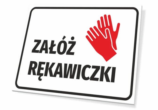 Gloves Required Sign - Graphic design featuring red gloves and black text on a white background.