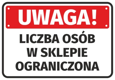 Warning sign: Limited number of people in the store - Graphic design. Red background with white text, rectangular shape.