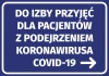 Sticker for the emergency room for patients suspected of COVID-19. Blue background with white design.