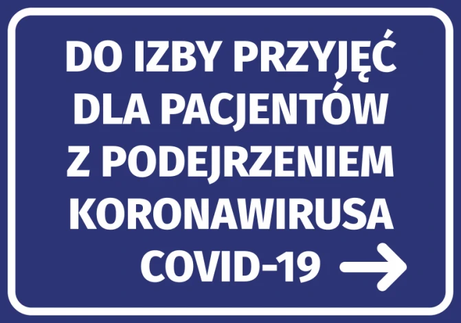 Sticker for the emergency room for patients suspected of COVID-19. Blue background with white design.