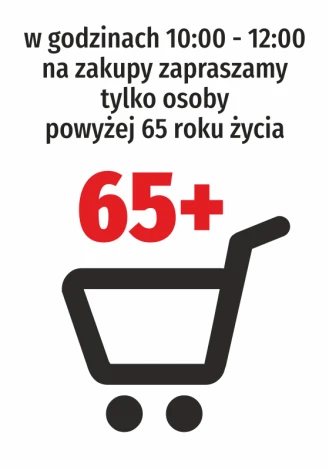 Shopping sticker inviting only people over 65 - Graphic design. Black letters on a white background, red accents.