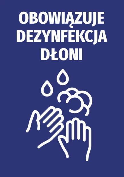 Hand Sanitization Required Sticker N488 - Graphic design with white text and icons on a blue background.