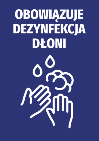 Hand Sanitization Required Sticker N488 - Graphic design with white text and icons on a blue background.