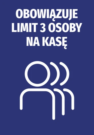 Sticker: Limit of 3 people at checkout N493 - Graphic design. White outlines on blue background with text.