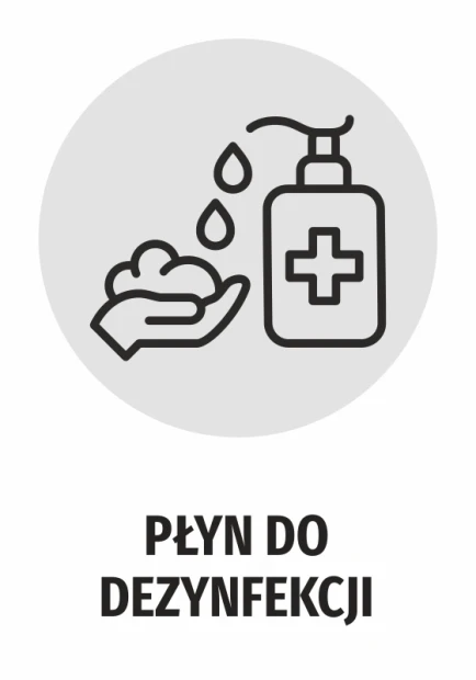 Disinfectant Sticker N480 - Graphic design featuring a hand with drops and a bottle with a cross symbol.
