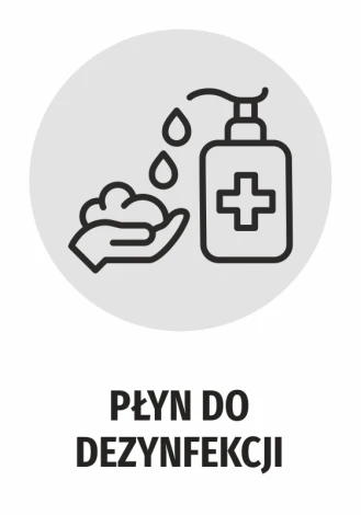 Disinfectant Sticker N480 - Graphic design featuring a hand with drops and a bottle with a cross symbol.