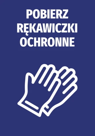 Sticker: Put on protective gloves - Graphic design. Two white gloves on a blue background. Large white text.