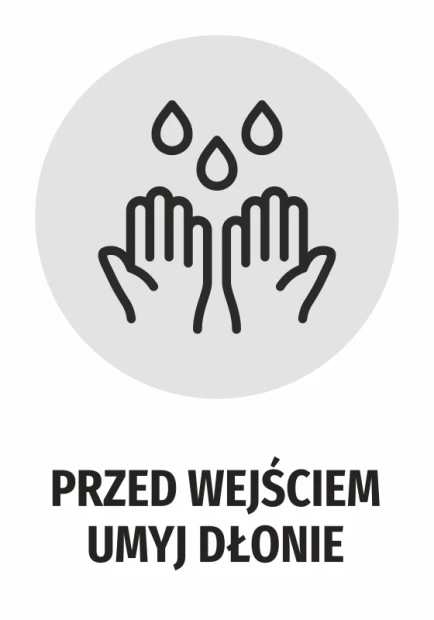 Handwashing reminder sticker N483 - Graphic design featuring two hands under water droplets on a gray background.