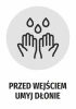 Handwashing reminder sticker N483 - Graphic design featuring two hands under water droplets on a gray background.