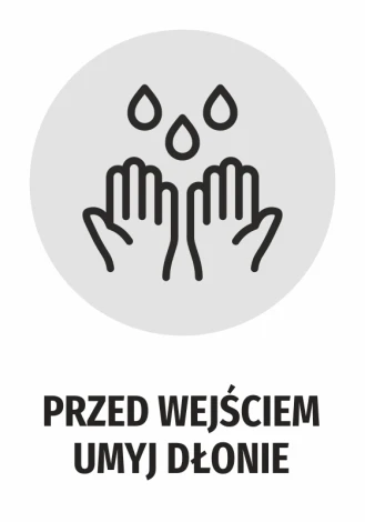 Handwashing reminder sticker N483 - Graphic design featuring two hands under water droplets on a gray background.