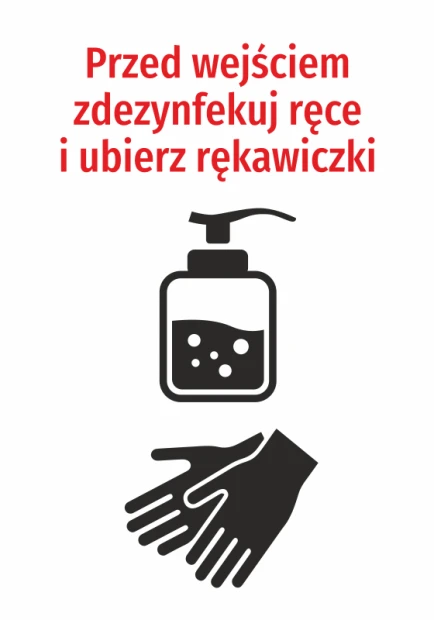 Hand sanitizer and gloves required before entry - Graphic design. Red text above the dispenser icon.