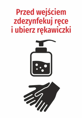 Hand sanitizer and gloves required before entry - Graphic design. Red text above the dispenser icon.