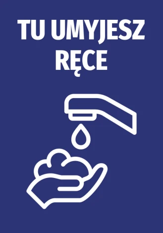 Handwashing sticker N489 - Graphic design featuring a faucet icon and hands with soap on a blue background.