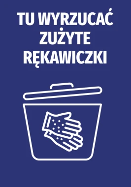 Sticker for disposing used gloves - Graphic design. White trash bin outline on a dark blue background.