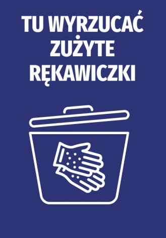 Sticker for disposing used gloves - Graphic design. White trash bin outline on a dark blue background.