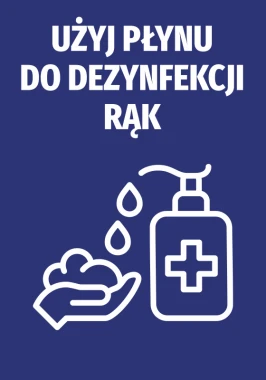 Hand sanitizer use sticker - Graphic design featuring a hand with a dispenser and a drop of liquid.