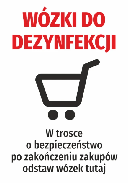 Disinfection Trolley Sticker - Graphic design with red text at the top, black trolley at the bottom, and informational text.