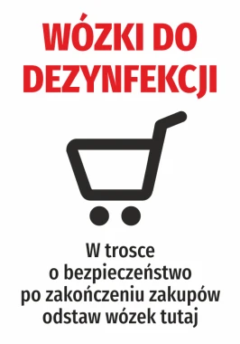 Disinfection Trolley Sticker - Graphic design with red text at the top, black trolley at the bottom, and informational text.