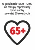 Shopping sticker for seniors 65 and older - Graphic design with a red heart and large 65+ text on a white background.