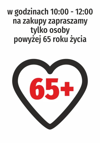 Shopping sticker for seniors 65 and older - Graphic design with a red heart and large 65+ text on a white background.