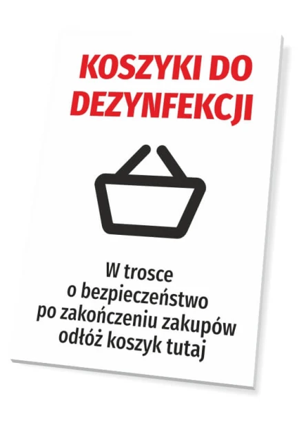 Disinfection Basket Sign - Graphic design. Red text on white background, basket pictogram.
