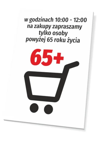 Shopping sign inviting only people over 65 - Graphic design. Black shopping cart on a white background.