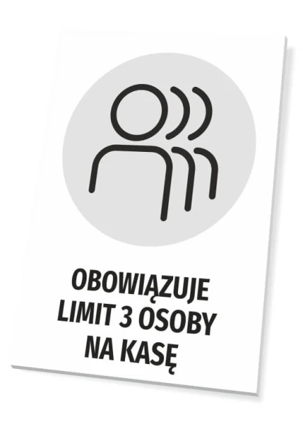 T486 sign, limit of 3 people per checkout - Graphic design featuring silhouettes of three people in a circle.