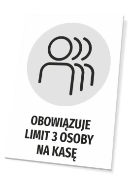 T486 sign, limit of 3 people per checkout - Graphic design featuring silhouettes of three people in a circle.