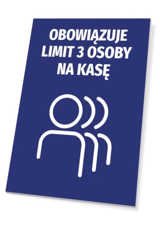 Sign: Limit of 3 people at checkout T493 - Graphic design. White text and icon of three on a blue background.