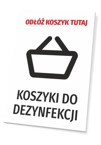 Sign: Please place the basket here - Graphic design. A black shopping cart icon on a white background with large text.