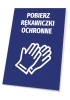 Sign: Take protective gloves - Graphic design. Blue background with white text and hand icon.
