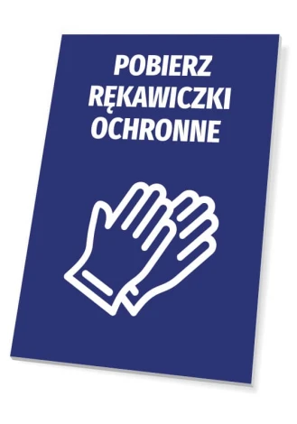 Sign: Take protective gloves - Graphic design. Blue background with white text and hand icon.