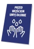 Handwashing sign for entrance T490 - Graphic design. Blue background with white hands and water droplets.