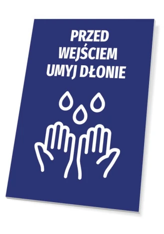 Handwashing sign for entrance T490 - Graphic design. Blue background with white hands and water droplets.