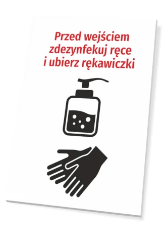 Hand sanitizing and glove-wearing sign - Graphic design. Red text on a white background with an icon.