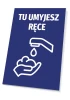 Handwashing sign T489 - Graphic design. Blue background with white text and an icon of washing hands.
