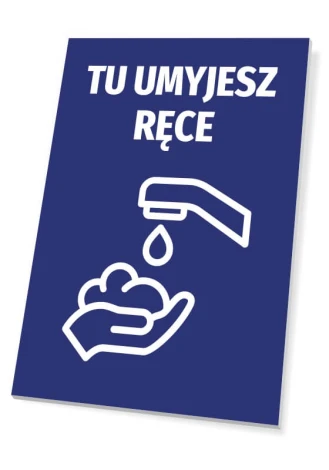 Handwashing sign T489 - Graphic design. Blue background with white text and an icon of washing hands.