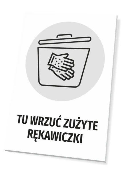 Sign: Please dispose of used gloves here - Graphic design featuring a container with a lid and gloves.