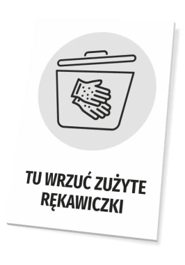 Sign: Please dispose of used gloves here - Graphic design featuring a container with a lid and gloves.