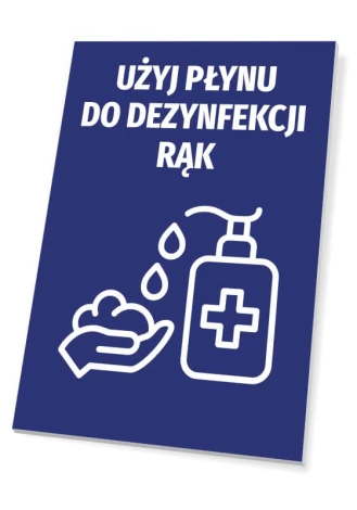 Hand sanitizer use sign - Graphic design. Text and bottle icon on a blue background.