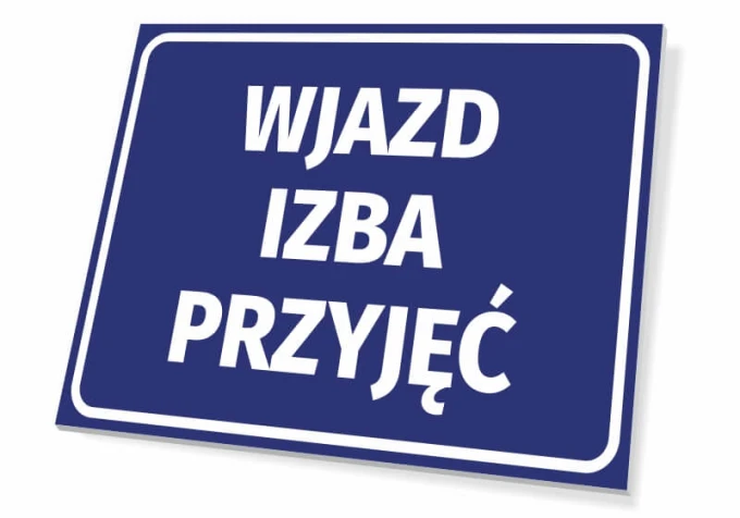 Entrance sign for reception - Graphic design. Rectangular sign with a blue background and white text.