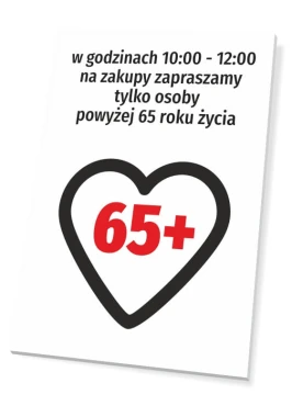 Shopping sign for seniors 65 and older - Graphic design featuring a heart with the number 65+ and text at the top.