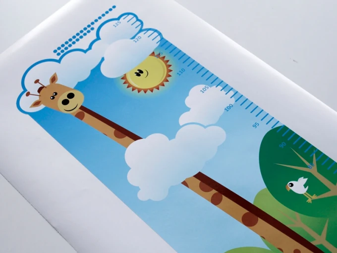 Height chart sticker 1146 - Features a giraffe in the clouds with the sun and a bird.